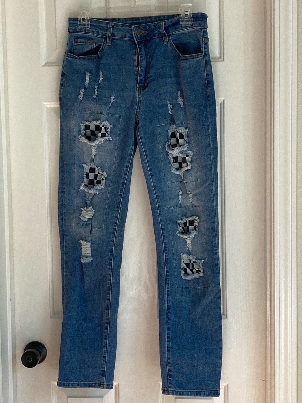 Blue Skinny Jeans with Checker Patch Distressed Detail